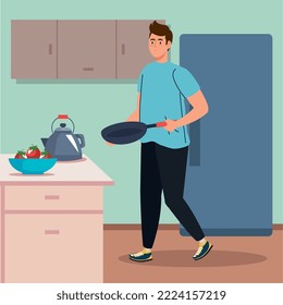 hombre cocinando con carácter de sartén
