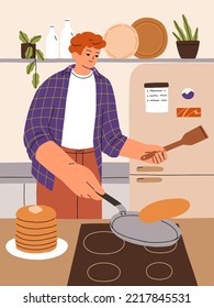 Hombre cocinando panqueques en la cocina. Persona preparando un plato dulce de desayuno casero por la mañana, haciendo y girando, cogiendo crepes sobre la sartén y la olla. Proceso de Cocina. Ilustración vectorial plana