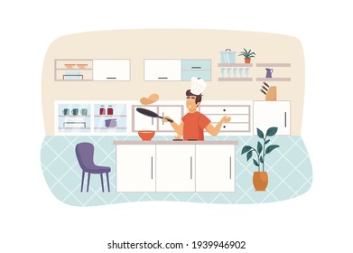 Hombre cocinando panqueques en la escena de la cocina. Un tipo feliz preparando la masa en el bol y desayunando en la estufa. Concepto de hogar y rutina diaria. Ilustración vectorial de personajes de diseño plano