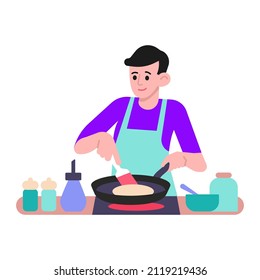 Man cooking pancakes at kitchen vector illustration. Chef cooking breakfast concept. Flat style design. Colorful graphics
