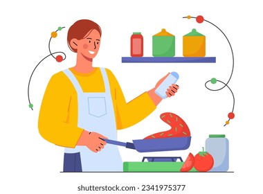 Man cooking pasta concept. Young guy with pot with vegetables. Traditional Italian cuisine and homemade products and dishes. Delicious dinner, tasty meal. Cartoon flat vector illustration