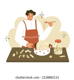 Man is cooking pasta. Cooking. Preparing food process. Chef. Italian delicious meal. Flat style in vector illustration.