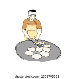 Hombre cocinando roti, comida callejera en Asia