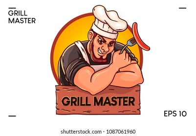 A man is cooking sausages on the grill. Master and grill.