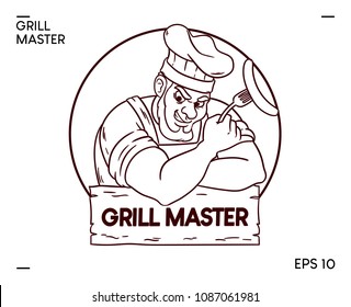 A man is cooking sausages on the grill. Master and grill.