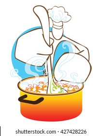 Man cooking soup he use ladle in hot pot symbol or logo shadow man design on white background isolate