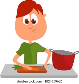 Man cooking soup, illustration, vector on white background