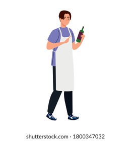 man cooking using apron with bottle wine, in white background vector illustration design