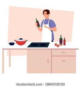 man cooking using apron, in kitchen scene with supplies and vegetables vector illustration design