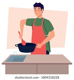 man cooking using apron with pot in kitchen scene vector illustration design