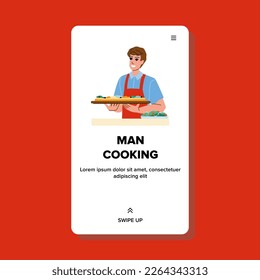 man cooking vector. cook kitchen, food healthy, male home, chef young man cooking web flat cartoon illustration