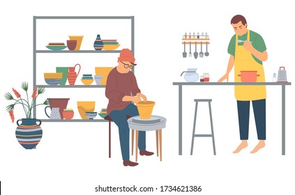 Man cooking vector, people on leisure time, pastime of characters. Interests of males, chef in kitchen. Hipster making pots pottery practicing flat style