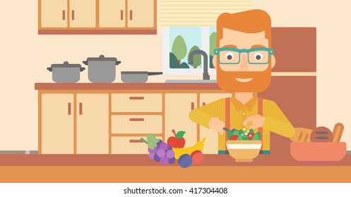 Man cooking vegetable salad.