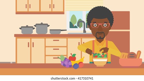Man cooking vegetable salad.