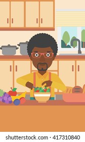 Man cooking vegetable salad.