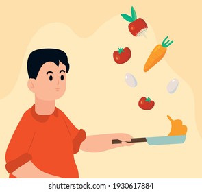 man cooking vegetables in pan