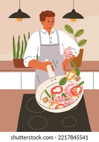 Man cooking vegetables and shrimps, frying seafood on pan. Person in apron prepares, cooks home-made dinner on cooker in kitchen. Guy flipping, tossing food on skillet. Flat vector illustration