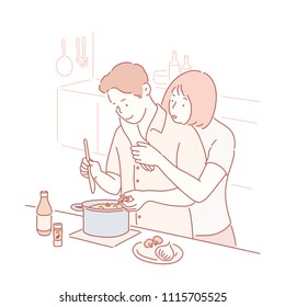 The man is cooking and the woman is bagging the man. hand drawn style vector doodle design illustrations.