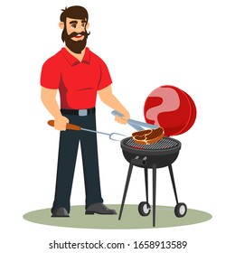 A man cooks barbecue on the grill. Cartoon illustration on a white background. Ready-made steak a young man with a beard holds tongs and a flea meat fork for barbecue
