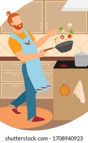 A man cooks food in a pan in the home kitchen. The cook is dancing and having fun. Stay home and fry vegetables. Vector in a flat style. A guy with red hair and a fashionable haircut is doing homework