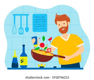 Man cooks at home in the kitchen. The guy salts food in a skillet. Husband's household chores. Concept for stay-at-home dad doing domestic chores. Flat vector illustration in cartoon style