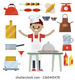 Man cooks in kitchen. Set of objects for cooking. Kettle, Board, bowl, frying pan, apron, ketchup sauce, mixer, toaster, dough, barbecue, meat. Table with food. Item of restaurant. Flat illustration