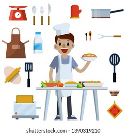 Man cooks in kitchen. Set of objects for cooking. Kettle, Board, bowl, frying pan, apron, ketchup sauce, mixer, toaster, dough, barbecue, meat. Table with food. Item of restaurant. Flat illustration