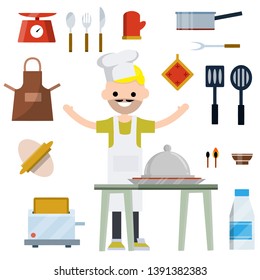 Man cooks in kitchen. Set of objects for cooking. Kettle, Board, bowl, frying pan, apron, ketchup sauce, mixer, toaster, dough, barbecue, meat. Table with food. Item of restaurant. Flat illustration