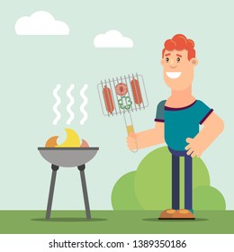 man cooks on the grill