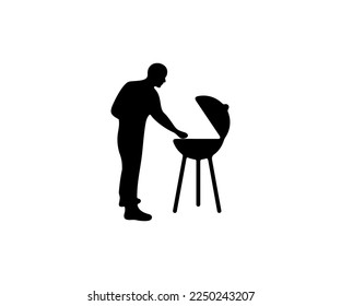 Man cooks on the grill, barbecue, barbecuing meat on the outdoors, silhouette, graphic design. Food, meal, eat, eating, cooking and bar-b-q, vector design and illustration