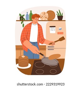 Man cooks pancakes at home kitchen in morning. Person cooking, flipping crepes on pan for breakfast. Homemade food, dish preparing process. Flat vector illustration isolated on white background