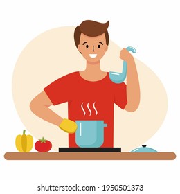 A man cooks soup in the kitchen. A person cooks food in a pot on the stove. Vector character in a flat style.