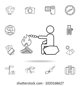 Man cooks at the stake line icon. Set of Tourism and Leisure icons. Signs, outline furniture collection, simple thin line icons for websites, web design, mobile app, info graphics on white background