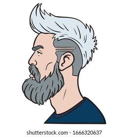 man with cool hairstyle, gray hair and full beard from the side. profile, avatar, illustration, head.