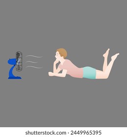 Man cooling himself with fan isolated on background, Hand drawn style illustration vector.