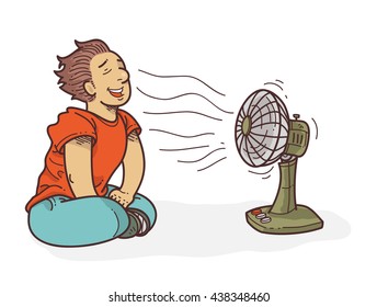 Man Cooling Off In Front Of Fan