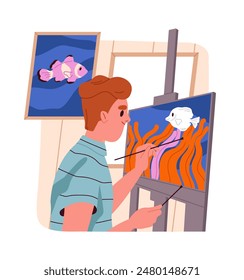 El hombre hace frente al estrés. Guy dibuja en lienzo. Conciencia y atención plena. Cuídate de la salud mental. Talentoso artista con cuadro. Ilustración vectorial plana de dibujos animados aislada sobre fondo blanco