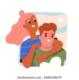 Man copes with stress. Guy hugging with his girlfriend. Love and romance. Awareness and mindfulness. Care about mental health. Cartoon flat vector illustration isolated on white background