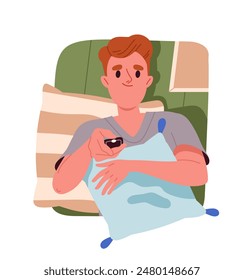 Man copes with stress. Guy lying at bed and watching television. Awareness and mindfulness. Mental health care. Poster or banner. Cartoon flat vector illustration isolated on white background