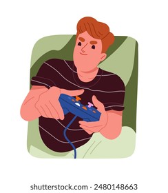 Man copes with stress. Guy playing with gamepad or joystick. Awareness and mindfulness. Mental health care. Arcades and videogames. Cartoon flat vector illustration isolated on white background