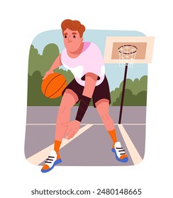 Man copes with stress. Guy playing in basketball at court. Awareness and mindfulness. Mental health care. Active lifestyle and sports. Cartoon flat vector illustration isolated on white background