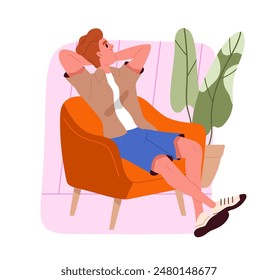 Man copes with stress. Guy sitting in comfortable armchair. Awareness and mindfulness. Care about mental health. Poster or banner. Cartoon flat vector illustration isolated on white background