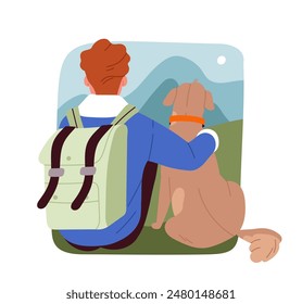 Man copes with stress. Guy sitting with dog outdoors. Hiking and camping to mountain. Awareness and mindfulness. Care about mental health. Cartoon flat vector illustration isolated on white background
