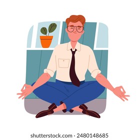 Man copes with stress. Guy sitting in lotus position. Calmness and inner peace. Awareness and mindfulness. Care about mental health. Cartoon flat vector illustration isolated on white background