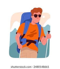 Man copes with stress. Guy walk with backpack. Awareness and mindfulness. Mental health care. Hiking and camping, active lifestyle. Cartoon flat vector illustration isolated on white background