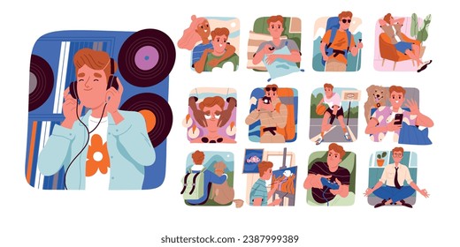 Man copes with stress set. Young guy listeninig music, rest outdoor, camping and hiking. Psychological support and emotional help. Cartoon flat vector collection isolated on white background