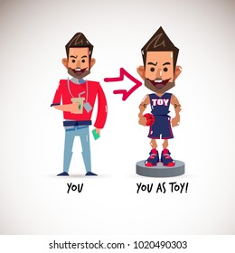 Man with copy of him as a figure toy in basketball costume. 3d printing. toy character design - vector illustration