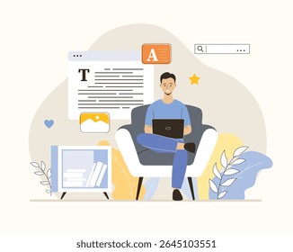 Man copywriter with article. Creating interesting content for websites and social networks. Social media blog, website. Flat vector illustration.	
