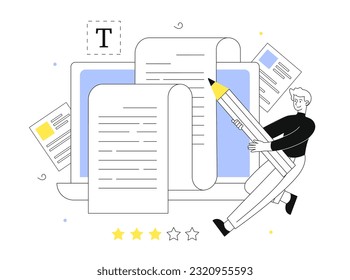 Man copywriter with article line concept. Young guy creates interesting content for websites and social networks. Freelancer write news or press release, story. Linear flat vector illustration