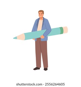 Man copywriter or author holding big blue pencil, vector cartoon character in flat style. Draftsman or screenwriter or student, office worker ready to answer on questionnaire, art notes